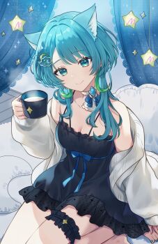 1girl animal_ears aoi_sonata aqua_eyes aqua_hair bare_shoulders black_nightgown blue_gem breasts brooch cardigan cat_ears choker cleavage commentary_request commission cup frilled_thigh_strap gem gradient_eyes hair_ornament highres holding holding_cup indie_virtual_youtuber jewelry kodou_mikoto long_hair looking_at_viewer medium_breasts milk multicolored_eyes nightgown off_shoulder open_cardigan open_clothes second-party_source smile solo spaghetti_strap thigh_strap virtual_youtuber white_cardigan white_choker