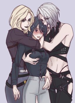 3girls bare_arms belt black_hair black_pants black_shirt blonde_hair blush chest_strap chief_(path_to_nowhere) clothing_cutout commentary_request female_chief_(path_to_nowhere) girl_sandwich grabbing_another&#039;s_breast green_eyes grey_eyes grey_hair grey_pants grey_skirt groping harness highres korean_commentary langley_(path_to_nowhere) long_hair long_sleeves looking_at_another medium_hair multiple_girls nervous_sweating o-ring o-ring_harness pants path_to_nowhere purple_background sandwiched shirt simple_background skirt sleeveless sleeveless_shirt sleeves_rolled_up smile sweat thigh_cutout very_long_hair widow_luv yuri zoya_(path_to_nowhere)