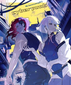 2girls chensang83 commentary cyberpunk cyberpunk:_edgerunners cyberpunk_(series) cyberpunk_2077 eyeliner heattech_leotard highres leotard lucy_(cyberpunk) makeup mechanical_eyes monowire multicolored_eyes multiple_girls off-shoulder_jacket off_shoulder red_eyeliner red_lips samurai_jacket_(cyberpunk) skin_seams turtleneck v_(cyberpunk) valerie_(cyberpunk)