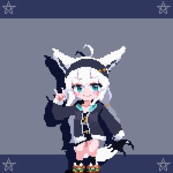 1girl ahoge animal_ear_fluff animal_ears animated animated_gif birdman46049238 black_hairband black_jacket black_shirt braid earrings fox_ears fox_girl fox_shadow_puppet fox_tail green_eyes hair_between_eyes hairband hololive jacket jewelry long_hair looking_at_viewer looping_animation open_clothes open_jacket pentagram pixel_art shirakami_fubuki shirakami_fubuki_(loungewear) shirt sidelocks single_braid solo tail virtual_youtuber white_hair