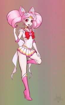 1girl bishoujo_senshi_sailor_moon boots brooch chibi_usa choker cone_hair_bun double_bun elbow_gloves gloves hair_bun hair_ornament heart heart_belt heart_brooch heart_choker highres jewelry long_hair miniskirt multicolored_skirt pink_boots pink_hair pink_sailor_collar sailor_chibi_moon sailor_collar sailor_senshi_uniform scorpdk skirt standing standing_on_one_leg super_sailor_chibi_moon twintails white_gloves