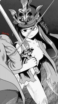 Rule 34 | 1girl, 1other, armor, artist name, ashina isshin, azumanga daiou, closed mouth, commentary, english commentary, greyscale, helmet, highres, holding, holding sword, holding weapon, japanese armor, kabuto (helmet), kasuga ayumu, katana, looking at viewer, monochrome, naked armor, nipples, nude, pussy, samurai, spot color, sword, sword saint isshin, vengefulfistss, weapon
