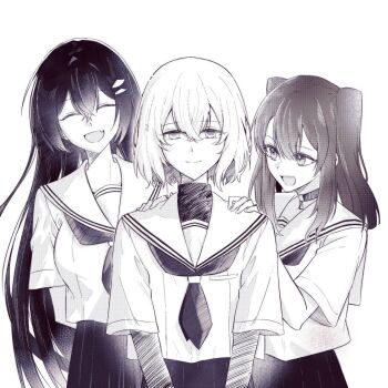 3girls ^_^ choker closed_eyes closed_mouth crossed_bangs fang greyscale hair_between_eyes hair_ornament hairclip hands_on_another&#039;s_shoulders highres long_hair looking_at_viewer monochrome multiple_girls neckerchief open_mouth oumi_shiori pleated_skirt sailor_collar school_uniform serafuku short_hair short_sleeves skin_fang skirt smile twintails two_side_up watashi_wo_tabetai_hitodenashi wveeeee00 yaotose_hinako yashiro_miko