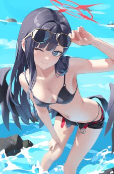 1girl absurdres adjusting_eyewear bikini black_bikini black_hair black_shorts black_wings blue_archive blush breasts closed_mouth commentary eyewear_on_head grey_eyes halo highres ichika_(blue_archive) ichika_(swimsuit)_(blue_archive) leaning_forward medium_breasts navel ocean official_alternate_costume one_eye_closed red_halo short_shorts shortofsugar shorts smile solo stomach sunglasses swimsuit wings