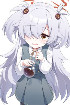 1girl absurdres black_pantyhose blue_archive brown_eyes brown_halo collared_shirt commentary_request cowboy_shot dress flask grey_hair hair_over_one_eye halo highres holding holding_flask kanoe_(blue_archive) long_hair long_sleeves looking_at_viewer natukuzira open_mouth pantyhose pinafore_dress round-bottom_flask shirt simple_background sleeveless sleeveless_dress solo two_side_up very_long_hair white_background white_shirt