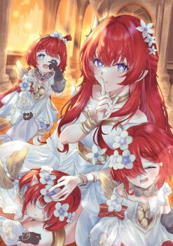 4girls ancient_greek_clothes angel_wings black_gloves breasts commentary_request cross-shaped_pupils dress elf eye_mask finger_to_mouth flower gloves greco-roman_clothes hair_flower hair_ornament head_wreath highres honkai:_star_rail honkai_(series) indoors long_hair looking_at_viewer mask medium_breasts multiple_girls oboro_(o_bo_ro_ro_ro) open_mouth pointy_ears short_hair shushing smile symbol-shaped_pupils trianne_(honkai:_star_rail) tribbie_(honkai:_star_rail) tribios_(honkai:_star_rail) trinnon_(honkai:_star_rail) triplets very_long_hair white_dress wings