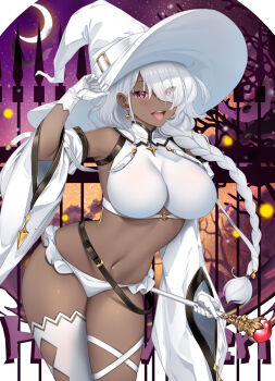 1girl adjusting_clothes adjusting_headwear belt black_belt breasts commentary cowboy_shot crescent_moon crop_top dark-skinned_female dark_skin detached_sleeves earrings frilled_panties frills gloves hair_over_one_eye hat hataraki_kuma highres holding holding_rod jewelry large_breasts leaning_forward long_hair moon navel night night_sky open_mouth original outdoors panties purple_eyes rod shirt single_thighhigh sky sleeveless sleeveless_shirt smile solo star_(sky) starry_sky thigh_strap thighhighs underwear white_gloves white_hat white_panties white_shirt white_sleeves white_thighhighs wide_sleeves witch_hat