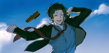 1boy absurdres adachi_tooru black_hair black_jacket blue_sky chengmingraven cloud collared_shirt dated_commentary day happy highres implied_suicide jacket jumping long_sleeves male_focus necktie open_clothes open_jacket open_mouth outdoors persona persona_4 red_necktie shirt shoes short_hair sky solo unworn_shoes upper_body white_shirt