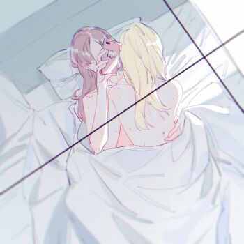2girls a979717082 bird's_eye_view blonde_hair brown_hair cellphone chinese_commentary commentary_request covered_face from_above girl_on_top head_on_pillow hickey highres holding holding_phone indoors long_hair lying multiple_girls nude on_back on_bed original phone pillow sketch smartphone straight_hair under_covers yuri