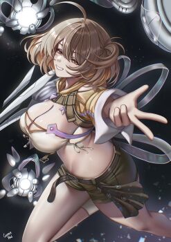 1girl absurdres ahoge anis_(nikke) anis_(star)_(nikke) bandeau bare_shoulders blush breasts brown_eyes brown_hair caiman_pool cat_hair_ornament chest_strap cleavage clothing_cutout commentary fingerless_gloves gloves goddess_of_victory:_nikke green_shorts hair_ornament highres large_breasts long_sleeves looking_at_viewer midriff official_alternate_costume open_mouth short_hair short_shorts shorts shoulder_cutout shrug_(clothing) side_slit side_slit_shorts single_fingerless_glove smile solo w white_bandeau yellow_shrug