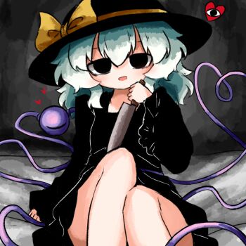 1girl :d black_dress black_eyes bow dress frilled_sleeves frills green_hair hand_up hat hat_bow heart heripantomorrow holding holding_knife knife komeiji_koishi medium_hair open_mouth sitting smile solo third_eye touhou yellow_bow