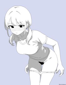 1girl blue_background blunt_bangs blush bow bow_panties breasts closed_mouth cowboy_shot dot_nose double-parted_bangs embarrassed greyscale_with_colored_background hair_between_eyes large_breasts leaning_forward lineart monochrome nose_blush original panties panty_pull pixel_art pubic_hair shirt short_hair sidelocks simple_background solo soulfull_sequoia twintails twitter_username underwear
