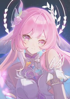 1girl absurdres aqua_hair bare_shoulders breasts bridal_veil chinese_commentary commentary_request cyrene_(honkai:_star_rail) cyrene_(ripples_of_past_reverie)_(honkai:_star_rail) diamond-shaped_pupils diamond_(shape) dress fishmaru gradient_hair halo highres honkai:_star_rail honkai_(series) large_breasts long_hair looking_at_viewer multicolored_hair pink_hair purple_eyes sky smile solo star_(sky) starry_sky symbol-shaped_pupils upper_body veil very_long_hair white_dress white_hair