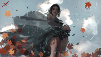 1girl artist_name autumn_leaves black_hair blue_sky breasts cloud cloudy_sky day dress feet highres large_breasts leaf leaves lips looking_down original perspective pointy_ears reflection reflective_water serious sky water wlop