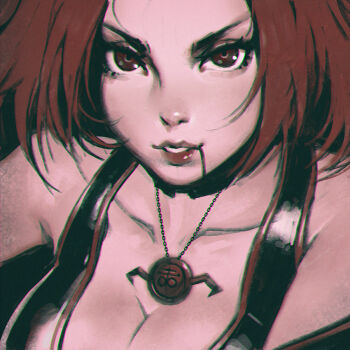 1girl bloodrayne bloodrayne_(videogame) breasts chromatic_aberration cleavage dhampir female_focus half-human ilya_kuvshinov jewelry large_breasts lips necklace parted_lips red_hair solo undead upper_body vampire