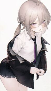1girl absurdres black_necktie black_skirt blush breast_pocket breasts commentary girls'_frontline glasses grey_hair highres jacket long_hair low_ponytail m200_(girls'_frontline) necktie open_clothes open_jacket open_mouth pocket ponytail purple_eyes renoahh shirt sidelocks simple_background skirt small_breasts solo white_background white_shirt zipper