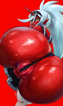 1girl :d alternate_costume anus anus_peek apron artist_name ass ass_focus black_headband blue_hair cleft_of_venus colored_skin commentary demon_girl english_commentary fangs fat_mons feet_out_of_frame foreshortening from_behind frontal_wedgie glasses green_eyes headband high_ponytail highres horns huge_ass kneesocks_(psg) long_hair looking_at_viewer looking_back maid_apron naked_apron noblood_(ryandomonica) open_mouth panty_&amp;_stocking_with_garterbelt pointy_ears ponytail pussy pussy_peek rectangular_eyewear red_background red_skin red_theme semi-rimless_eyewear shiny_skin simple_background single_horn smile solo thighhighs thong tongue under-rim_eyewear wedgie white_thighhighs