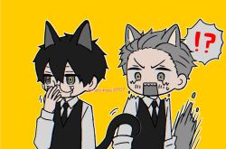 Rule 34 | !?, 2boys, animal ears, black hair, cat ears, cat tail, character request, collared shirt, facial mark, glasses, long sleeves, mashle, multiple boys, nasiinasii0707, necktie, open mouth, orter madl, round eyewear, sharp teeth, shirt, short hair, tail, teeth, upper body, v-shaped eyebrows, vest, white shirt