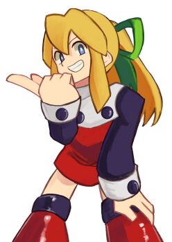 1girl blonde_hair blue_eyes dress high_ponytail highres long_hair mega_man_(classic) mega_man_(series) parted_lips ponytail red_dress roll_(mega_man) simple_background smirk solo standing tikuwabu_33 white_background