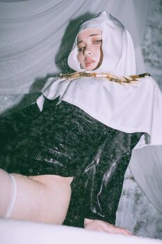 1girl 5y_mmo absurdres black_dress buddhist_nun commentary_request cosplay cosplay_photo curvy dress fate/extra fate/extra_ccc fate/grand_order fate_(series) gold_necklace highres jewelry mature_female necklace photo_(medium) sessyoin_kiara solo thighhighs white_coif white_thighhighs