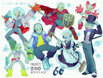 1boy alien animal_costume animal_ears apron belt black_jacket black_pants blinking blue_eyes blue_jacket blue_shoes bodysuit boots bow bowtie broom brown_belt brown_boots cape closed_mouth colored_skin dress_shoes fake_animal_ears gloves gnosia green_boots green_eyes green_tunic grey_bodysuit grey_pants grey_skin grey_vest hat headphones holding holding_broom holding_phone holding_shield holding_sword holding_weapon jacket letterman_jacket maid maid_apron maid_headdress male_focus mary_janes multiple_views open_clothes open_jacket orange_gloves pants phone purple_bow purple_bowtie red_belt red_cape reference_request rubber_boots shield shigemichi shirt shoes smile socks star_(symbol) suit_jacket sword tears tears_from_one_eye top_hat tunic vest watermark weapon white_background white_jacket white_shirt white_socks wolf_costume wolf_ears wolf_paws yellow_boots yellow_eyes yellow_shirt zoo_(oukakumaku)