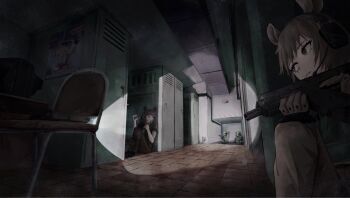 2boys 2girls animal_ears brown_hair ceiling chair commentary english_commentary escape_from_tarkov explosive gloves grenade gun hallway headset hiding highres holding holding_grenade indoors kriss_vector light_particles locker mouse_ears mugo multiple_boys multiple_girls purple_hair submachine_gun table tile_floor tiles tripwire weapon weapon_request