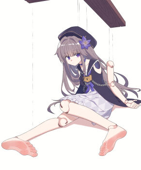 1girl arka91 barefoot beret brown_hair detached_arm doll_joints flower hair_flower hair_intakes hair_ornament hat herta_(puppet)_(honkai:_star_rail) highres honkai:_star_rail honkai_(series) joints long_hair puppet_strings purple_eyes soles solo white_background