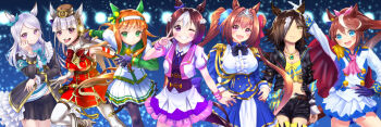 Rule 34 | 6+girls, aiguillette, animal ears, aqua bow, armband, ascot, asymmetrical gloves, black boots, black bow, black gloves, black jacket, black pantyhose, black shorts, black skirt, black thighhighs, blue eyes, blue gloves, blue jacket, blue skirt, blunt bangs, blush, boots, bow, bowtie, braid, breasts, brown hair, brown hat, buttons, cape, center frills, closed mouth, coat, collared shirt, commentary request, crop top, daiwa scarlet (peak blue) (umamusume), daiwa scarlet (umamusume), double-breasted, dress, ear bow, ear covers, ear ribbon, epaulettes, fang, flask, frilled coat, frilled jacket, frills, garter straps, gloves, gold ship (red strife) (umamusume), gold ship (umamusume), green eyes, green sailor collar, green sleeves, grey hair, grin, hair between eyes, hair intakes, hair over one eye, hairband, half up braid, hand on own hip, hat, hime cut, hip flask, holding, holding flask, horse ears, horse girl, horse tail, jacket, large breasts, layered skirt, long hair, long sleeves, looking at viewer, mejiro mcqueen (frontline elegance) (umamusume), mejiro mcqueen (umamusume), midriff, mismatched gloves, multicolored hair, multicolored jacket, multiple girls, navel, one eye closed, open mouth, orange hair, orange tail, pantyhose, pillbox hat, pink ascot, pleated skirt, ponytail, purple bow, purple eyes, purple hair, purple ribbon, purple vest, red bow, red cape, red dress, red eyes, ribbon, sailor collar, shirt, short hair, short sleeves, shorts, silence suzuka (innocent silence) (umamusume), silence suzuka (umamusume), single epaulette, single hair streak, skirt, sleeveless, sleeveless dress, small breasts, smile, special week (special dreamer) (umamusume), special week (umamusume), stopwatch, stopwatch around neck, streaked hair, striped armband, striped clothes, striped shirt, sugimotty nova, tail, teeth, thigh boots, thighhighs, thighs, tiara, tokai teio (peak joy) (umamusume), tokai teio (umamusume), tongue, tongue out, twintails, two-tone hair, two-tone jacket, two-tone skirt, umamusume, upper teeth only, v, very long hair, vest, vodka (umamusume), vodka (wild top gear) (umamusume), watch, white boots, white gloves, white hair, white hairband, white jacket, white pantyhose, white shirt, white skirt, white streaks, white thighhighs, wristband, yellow shirt