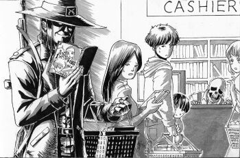 2girls 4boys blood_(game) book bookshelf caleb_(blood) coat commentary crossover desk english_commentary eyes_in_shadow frown gaikotsu_shotenin_honda-san greyscale gun_sling hat hiding hiding_behind_another holding holding_book honda-san long_hair monitor monochrome multiple_boys multiple_girls parted_bangs queue reading shopping_basket short_hair sign simple_background skeleton smile substance20 trembling trench_coat weapon weapon_on_back