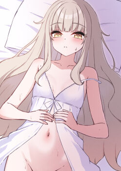 1girl bare_shoulders blonde_hair blush breasts highres lingerie looking_at_viewer lying maru.selinn mole mole_on_shoulder navel negligee no_panties on_back on_bed original small_breasts solo sweat underwear white_negligee yellow_eyes
