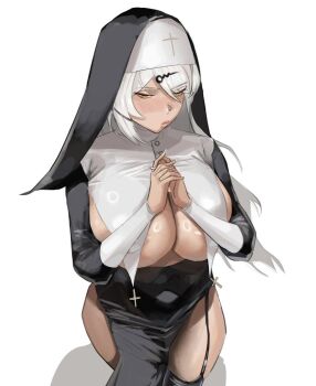 1girl alternate_costume areola_slip bare_hips black_dress black_thighhighs black_veil blush breast_curtains breasts chequ_(chequayveon) cross dress garter_straps hair_ornament hairclip half-closed_eyes highres huge_breasts long_hair looking_at_viewer no_bra nun nun_headdress own_hands_clasped own_hands_together pelvic_curtain pout praying revealing_clothes solo thighhighs veil very_long_hair white_hair yellow_eyes yixuan_(zenless_zone_zero) zenless_zone_zero