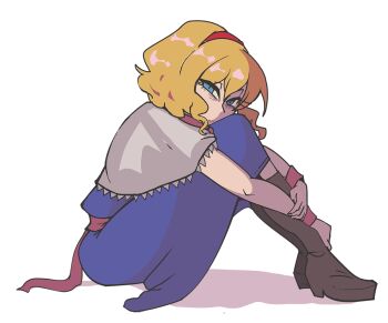 1girl alice_margatroid arms_around_legs blonde_hair blue_eyes davewaterfalls dress hairband looking_at_viewer short_hair simple_background sitting touhou