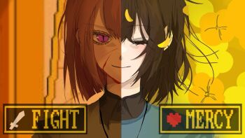 2others aegyo_sal androgynous black_shirt blood blood_on_face blue_sweater blurry blurry_background bob_cut buttercup_(flower) chara_(undertale) closed_eyes collared_shirt commentary dress_shirt dual_persona english_text eyelashes falling_petals field floating_hair flower flower_field frisk_(undertale) from_above gameplay_mechanics green_sweater hair_between_eyes hair_spread_out heart indoors injury jewelry jpeg_artifacts korean_commentary light_smile ling_(you_andme_love) looking_at_viewer loose_hair_strand lying multiple_others necklace on_back on_ground outdoors pale_skin petals pixelated_background purple_eyes push-button scene_reference shirt short_hair slit_pupils smile stained_glass standing straight-on sweater sword threat trait_connection undershirt undertale user_interface utdr_(toby_fox) weapon window yellow_flower yellow_light yellow_petals