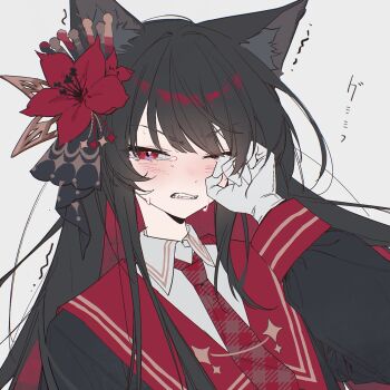 1girl animal_ear_fluff animal_ears black_hair black_shirt cat_ears commentary flower gloves grey_background hair_flower hair_ornament highres kemonomimi_mode long_hair long_sleeves looking_at_viewer mahou_shoujo_no_majo_saiban matcha00 necktie nikaido_hiro one_eye_closed red_eyes red_flower red_necktie shirt solo symbol-only_commentary tears translation_request trembling upper_body white_gloves wiping_tears