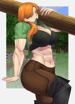 1girl abs absurdres alex_(minecraft) breasts clothes_lift green_eyes green_shirt highres limn044 minecraft muscular muscular_female orange_hair shirt shirt_lift solo