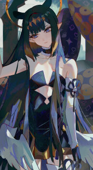 Rule 34 | 1girl, absurdres, bare shoulders, black collar, black dress, black gloves, blue eyes, blunt bangs, center-flap bangs, closed mouth, clothing cutout, collar, commentary, cowboy shot, cutout above navel, detached sleeves, dress, english commentary, expressionless, feathered wings, flat chest, fur-trimmed collar, fur trim, gloves, gradient hair, halo, headpiece, highres, hololive, hololive english, kanniiepan, long hair, low wings, miniskirt, mole, mole under eye, multicolored hair, ninomae ina'nis, ninomae ina'nis (1st costume), orange hair, orange skirt, pleated skirt, pointy ears, purple hair, short dress, sidelocks, single detached sleeve, single thighhigh, skirt, skirt under dress, sleeveless, sleeveless dress, solo, straight hair, strapless, strapless dress, tabi, tentacle hair, tentacles, thighhighs, tube dress, very long hair, virtual youtuber, white thighhighs, white wings, wings