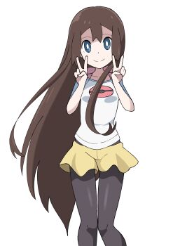 1girl absurdres araki_megami brown_hair double_v highres long_hair nintendo pantyhose pokemon pokemon_black_2_and_white_2 raglan_sleeves rosa_(pokemon) shorts skort v very_long_hair yellow_shorts
