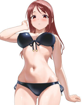 1girl bikini black_bikini breasts brown_eyes brown_hair commentary_request day fascinate_kyrie front-tie_bikini_top front-tie_top highres idolmaster idolmaster_cinderella_girls long_hair looking_at_viewer mifune_miyu navel parted_lips side-tie_bikini_bottom simple_background solo stomach swimsuit white_background