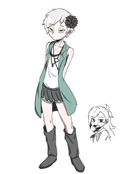 Rule 34 | 2girls, aqua eyes, aqua jacket, arms behind back, boots, character request, closed mouth, eyelashes, fiiib, flower, full body, grey boots, grey flower, grey skirt, hair flower, hair ornament, highres, hood, hood down, jacket, jewelry, kyokugen dasshutsu, kyokugen dasshutsu adv: zennin shibou desu, long hair, multiple girls, necklace, open clothes, open jacket, open mouth, phi (kyokugen dasshutsu), shirt, short hair, simple background, skirt, sleeveless, sleeveless jacket, sleeveless shirt, solo focus, standing, teeth, upper teeth only, very short hair, white background, white hair, white shirt