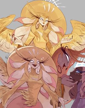 2boob2 2girls absurdly_long_hair angel angel_wings beak bird_girl blonde_hair commentary dress english_commentary furry furry_female glowing glowing_eyes halo hazbin_hotel hellaverse highres long_hair multiple_girls sera_(hazbin_hotel) speaker_of_god_(hazbin_hotel) very_long_hair white_dress white_hair wings