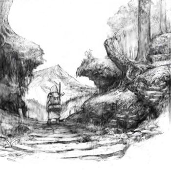 1other backpack bag cliff day facing_away from_behind greyscale hood hood_up hooded_coat monochrome mountainous_horizon mushroom nature original outdoors path pon_(tab_rasa) road scenery shovel solo standing tree tree_stump wide_shot