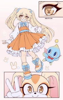 1girl 1other animal_ears blonde_hair blue_bow blue_bowtie boots bow bowtie chao_(sonic) cheese_(sonic) child close-up commentary cream_the_rabbit dress fingerless_gloves furry furry_and_humanization furry_female gloves hair_between_eyes hallsth-eien high_heel_sneakers highres humanization long_eyelashes long_hair looking_at_viewer monochrome_background orange_dress rabbit rabbit_ears rabbit_symbol shirt simple_background smile sonic_(series) twintails twitter_username two-tone_dress white_background white_dress yellow_eyes