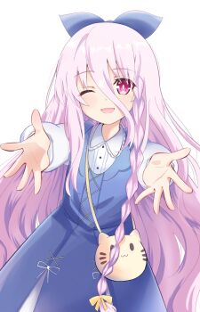 1girl bag blue_dress bow braid commentary_request date_a_live date_a_live:_twin_edition_rio_reincarnation dress hair_between_eyes hair_bow highres lime_ill_10 long_hair long_sleeves looking_at_viewer one_eye_closed open_mouth outstretched_arms pink_eyes pink_hair purple_hair shoulder_bag smile sonogami_rio white_background