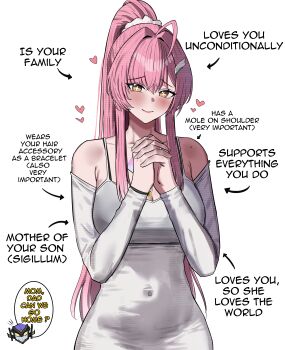 1girl 2na_(blue2na) absurdres aemeath_(wuthering_waves) ahoge alternate_costume bare_shoulders blush breasts cleavage closed_mouth commentary covered_navel dress english_commentary english_text hands_up heart highres jewelry large_breasts long_hair looking_at_viewer meme mole mole_on_shoulder orange_eyes own_hands_clasped own_hands_together pink_hair ponytail ring sigillum_(wuthering_waves) simple_background smile star-shaped_pupils star_(symbol) symbol-shaped_pupils white_background white_dress women_on_twitter_(meme) wuthering_waves