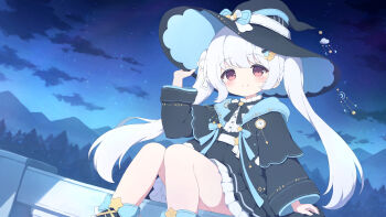 1girl adjusting_clothes adjusting_headwear arm_support black_bow black_bowtie black_jacket black_skirt blue_sky blue_trim blush bow bowtie cloud commentary commission english_commentary feet_out_of_frame hair_ornament hat hat_ribbon highres jacket layered_sleeves long_hair looking_at_viewer mountainous_horizon night night_sky original outdoors pleated_skirt red_eyes ribbon shirt shooting_star_hair_ornament sitting skeb_commission skirt sky smile solo star_(sky) star_(symbol) star_hair_ornament starry_sky thighs tree twintails tyomimas very_long_hair white_hair white_ribbon white_shirt witch_hat