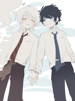 2boys absurdres akinashi_haru black_hair black_pants blackseek blank_stare blue_eyes blue_necktie brown_pants chinese_commentary closed_eyes collared_shirt commentary_request cowboy_shot dissolving dress_shirt grin happy_tears highres holding_hands looking_at_another lying male_focus melting multiple_boys necktie no_cardigan no_jacket on_back on_water pants parted_lips red_necktie saihate_eki shirt smile tatsunami_shion tearing_up tears