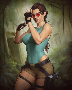 1girl absurdres black_gloves blue_leotard breasts brown_hair brown_shorts clip_studio_paint_(medium) dalejomej day fingerless_gloves forest glasses gloves highres holster lara_croft leotard long_hair looking_at_viewer medium_breasts nature outdoors red-tinted_eyewear short_shorts shorts solo tinted_eyewear tomb_raider