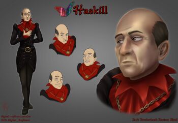 Rule 34 | 1boy, balding, belt, black belt, black coat, black pants, black shoes, brown eyes, brown hair, bug, butterfly, coat, collar, collared coat, commentary, dress shoes, english commentary, english text, foolish-hearts, full body, gold necklace, grey background, hand on own chest, haskill, insect, jewelry, juliet sleeves, long coat, long sleeves, looking at viewer, looking to the side, male focus, mature male, multiple expressions, multiple views, necklace, ornate clothes, pants, portrait, puffy sleeves, red collar, reference sheet, shoes, signature, solo, the elder scrolls, the elder scrolls iv: oblivion