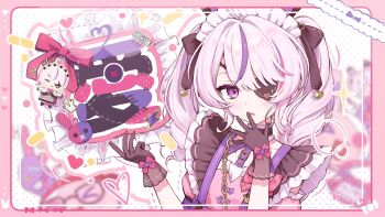 Rule 34 | 1girl, :o, black gloves, blush, border, character doll, commentary, covering own mouth, doll, english commentary, eyepatch, gloves, hand over own mouth, heart, highres, looking at viewer, maid, maid headdress, maria marionette, maria marionette (maid), multicolored hair, nido (oobo1245), nijisanji, nijisanji en, pink border, pink eyes, pink hair, purple hair, see-through clothes, see-through gloves, solo, streaked hair, twintails, virtual youtuber