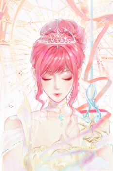 Rule 34 | 1girl, absurdres, armor, bare shoulders, breastplate, chinese commentary, closed eyes, closed mouth, clothing cutout, collar, commentary request, detached collar, dress, expressionless, eyelashes, eyeshadow, hair bun, hair intakes, halo, halo behind head, high collar, highres, holding, holding sword, holding weapon, infinity nikki, lace collar, light blush, lipstick, makeup, melody bloom (infinity nikki), nikki (nikki), nikki (series), nostrils, pink eyeshadow, pink hair, pink lips, pink ribbon, rapier, realistic, ribbon, short hair with long locks, shoulder cutout, sidelocks, single hair bun, solo, sparkle, spiked halo, sword, tiara, updo, upper body, wavy hair, weapon, white background, white bairen, white collar, white dress